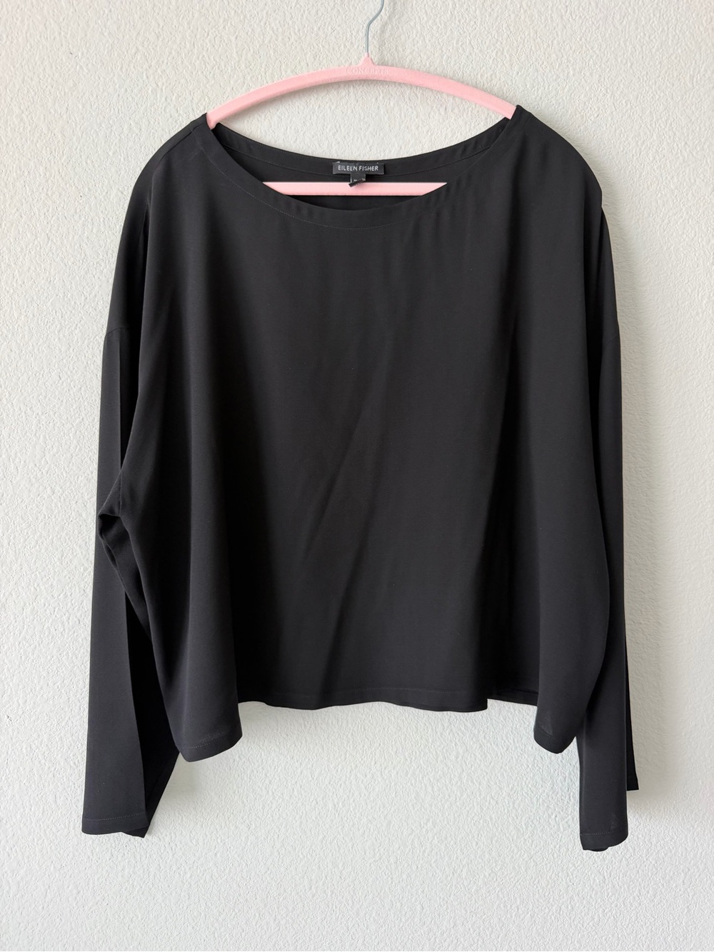 Eileen Fisher Black Boxy Boat Neck Top Long Sleeve Size L Minimalist Office